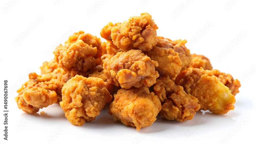 Crispy fried popcorn chicken pieces on a white background, crunchy, bite-sized, on a white background Crispy fried popcorn chicken pieces on a white background, crunchy, bite-sized, on a white background