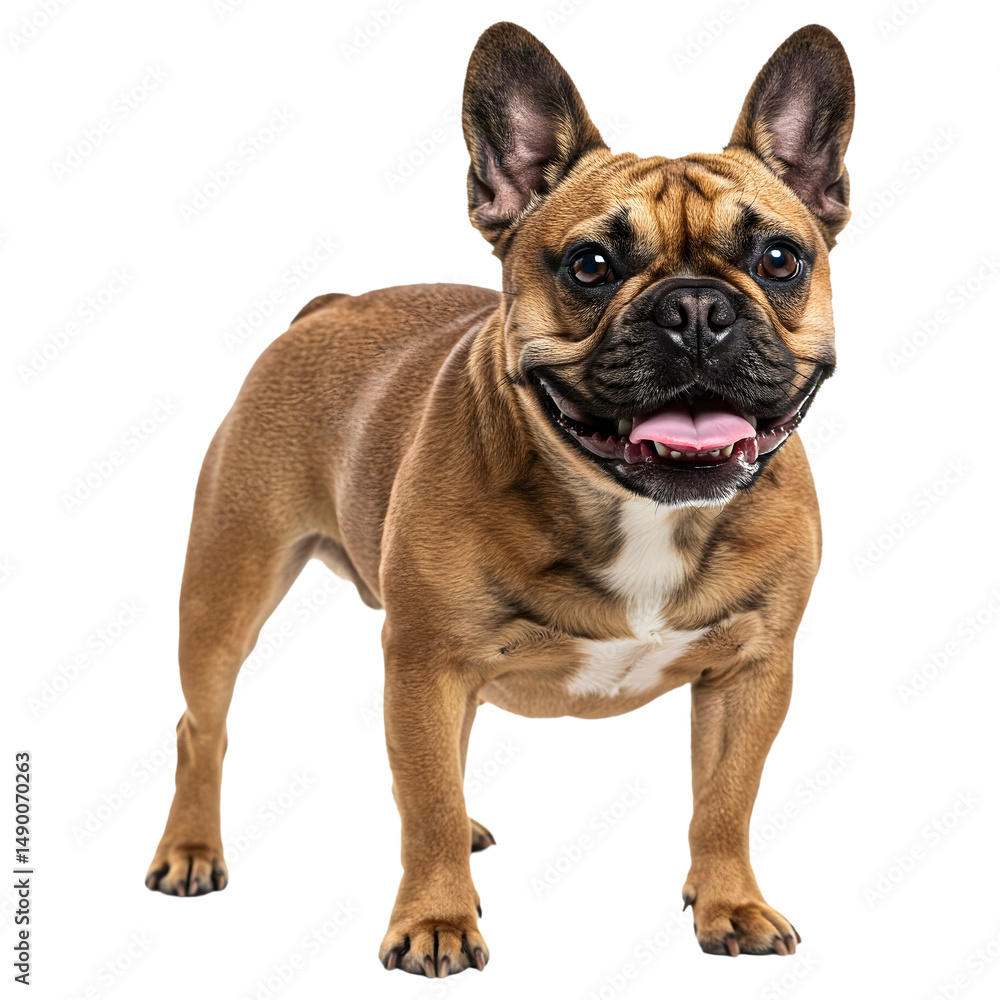 Playful French Bulldog standing with joyful face, front view isolated on white background, full body image for print and digital, transparent background Playful French Bulldog standing with joyful face, front view isolated on white background, full body image for print and digital, transparent background