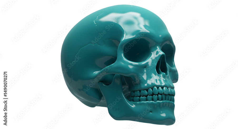 Obraz premium Teal human skull, glossy finish. Intriguing, artistic image. 3D plastic style icon. Isolated on transparent or white background