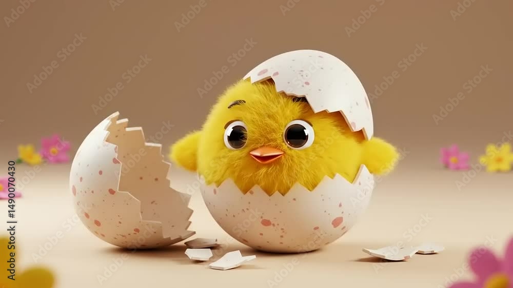Cute fluffy chick emerging from a cracked eggshell surrounded by colorful flowers on a soft background