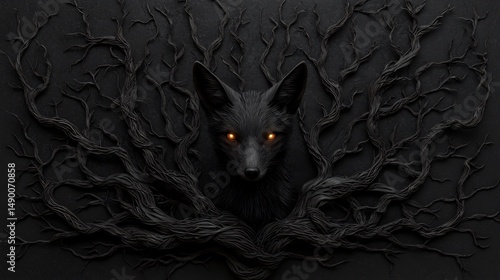 Dark fox framed by intricate black branches