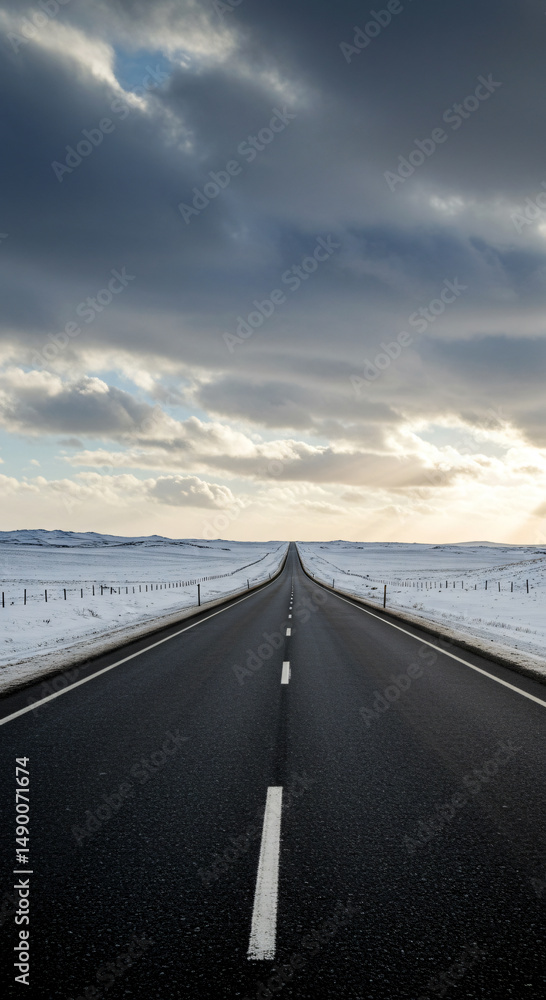 Fototapeta premium Straight highway road through winter landscape
