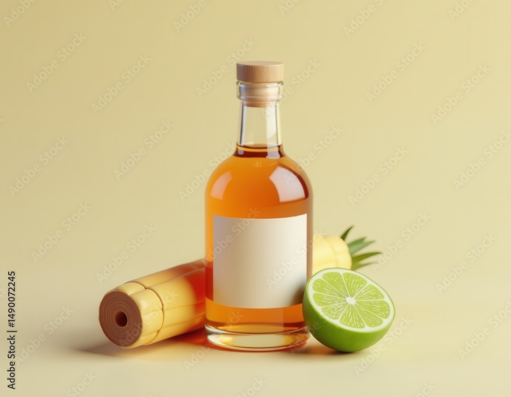 Rum Bottle Mockup with Pineapple and Lime on Yellow Background Rum Bottle Mockup with Pineapple and Lime on Yellow Background