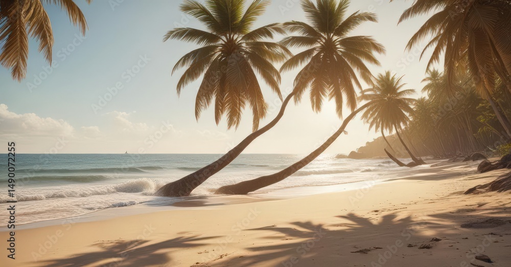 Fototapeta premium Sun-drenched palm trees fringe a vintage-toned sandy beach, ocean waves gently lapping , idyllic, warm tones, nature