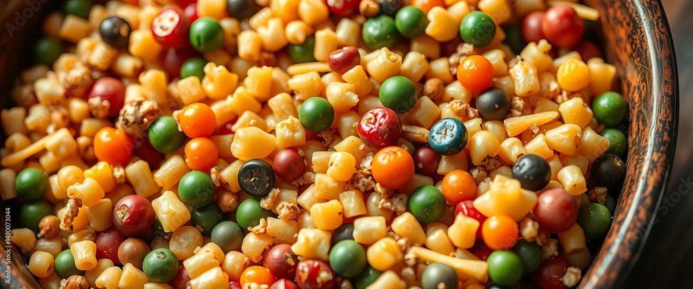 Close-up of colorful pasta, grains, and legumes in a bowl, natural, pasta Close-up of colorful pasta, grains, and legumes in a bowl, natural, pasta