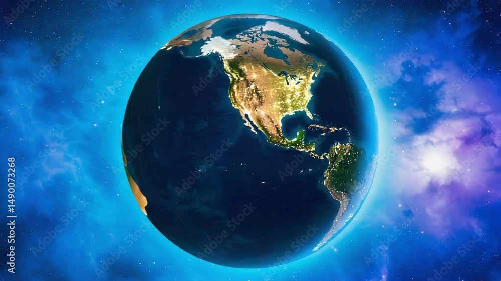 Earth from Space – Stunning View of North America with Glowing City Lights Against a Cosmic Blue Backdrop. Earth from Space 4k video. Earth from Space – Stunning View of North America with Glowing City Lights Against a Cosmic Blue Backdrop. Earth from Space 4k video.