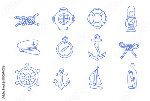 Set of nautical elements including anchor, compass, lifebuoy, ship wheel, captain hat, lantern, diving helmet, knots, sailboat and message bottle. Hand-drawn marine doodle icons.
