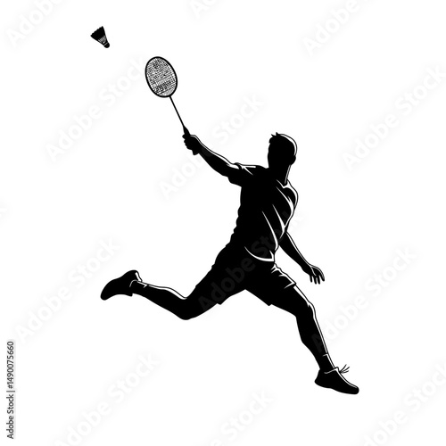 Silhouette of badminton player jumping to hit shuttlecock with racket in a dynamic action pose on white