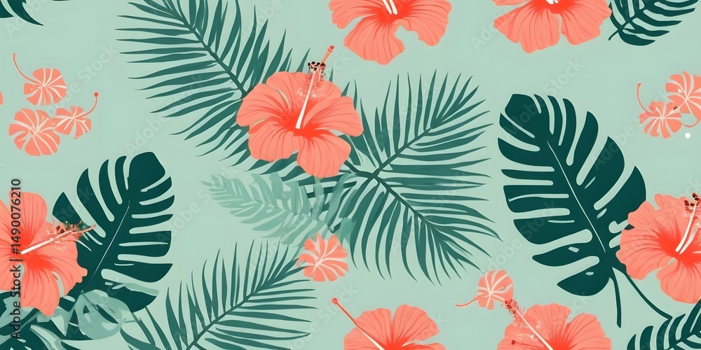 Naklejka premium Tropical Hibiscus Floral Pattern with Exotic Leaves on Green summer Background for packaging, textiles, wallpaper, wrapping paper