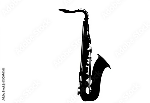 Black silhouette of a saxophone on a white background, instrument,  musical notation