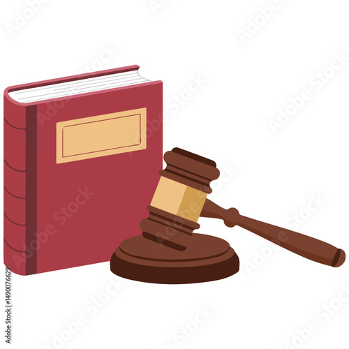 Law book with judges gavel isolated vector illustration on white background