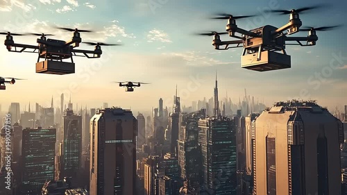 Drones delivering packages over a futuristic city skyline during sunset, showcasing advanced logistics