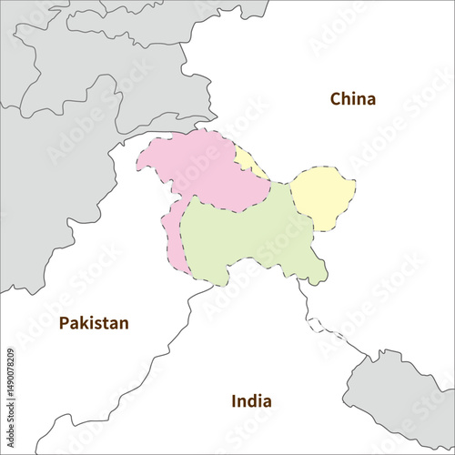 カシミール地方、各国の実効支配地域の色分け、中国とインドとパキスタン