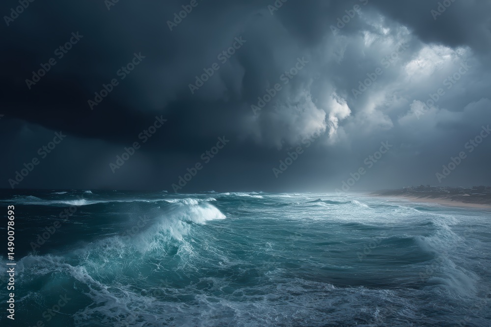 Fototapeta premium A dramatic ocean storm with dark clouds and crashing waves, creating an intense and dynamic scene