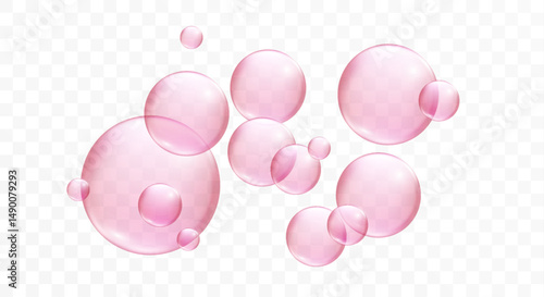 Pink bubbles on white background. Collagen and glycerin droplets, fizzy sparkles, and bubble gum effect. Transparent pink spheres isolated for cosmetic and beverage