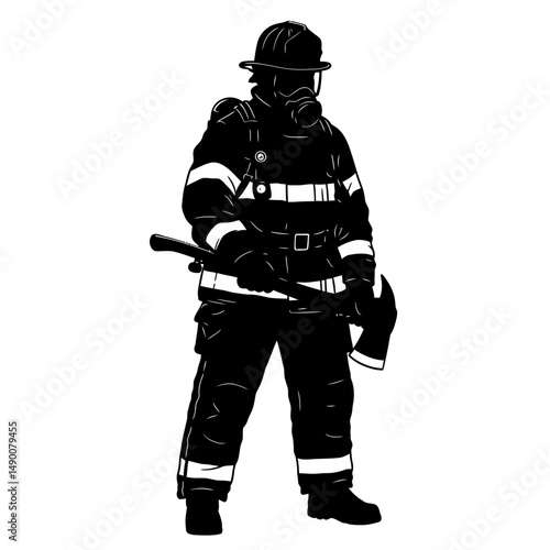 A silhouette of a firefighter in full gear holding an axe standing against a white background image