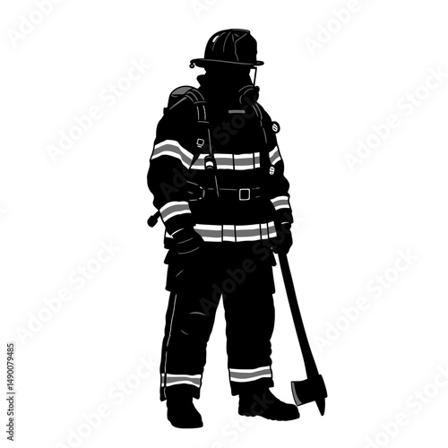 Silhouette of a firefighter in full gear holding an axe standing on a white background in a vector image