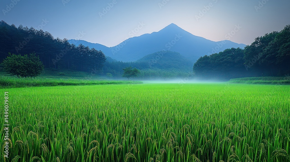 Fototapeta premium Lush rice paddy field at dawn, mist-covered mountains