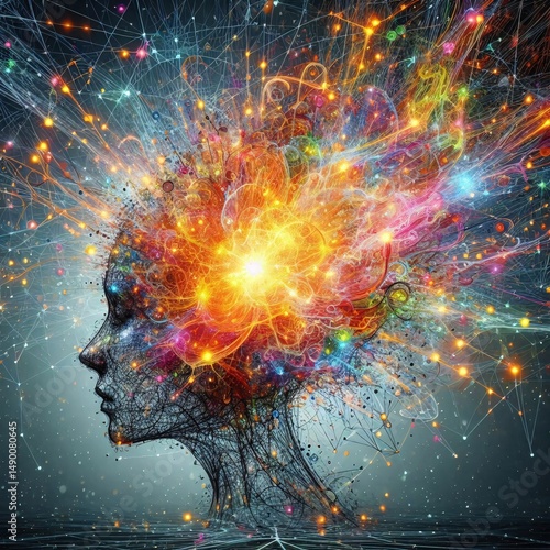 Brainwave explosion: A digital artwork depicts the concept of thoughts, ideas and imagination, with vibrant colors exploding from a silhouette of a head.