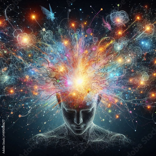 Brainstorm: A thought-provoking illustration that visualizes the intricate network of ideas, emotions, and thoughts that make up human consciousness. An artistic depiction of a mind full of ideas. 