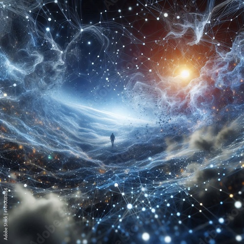 Cosmic Journey: A lone figure walks across a surreal landscape, bathed in the ethereal glow of a distant sun, with constellations and nebulae swirling around them.  