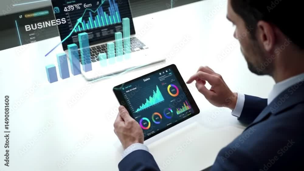 Businessman Analyzing Data on Tablet and Laptop Businessman Analyzing Data on Tablet and Laptop