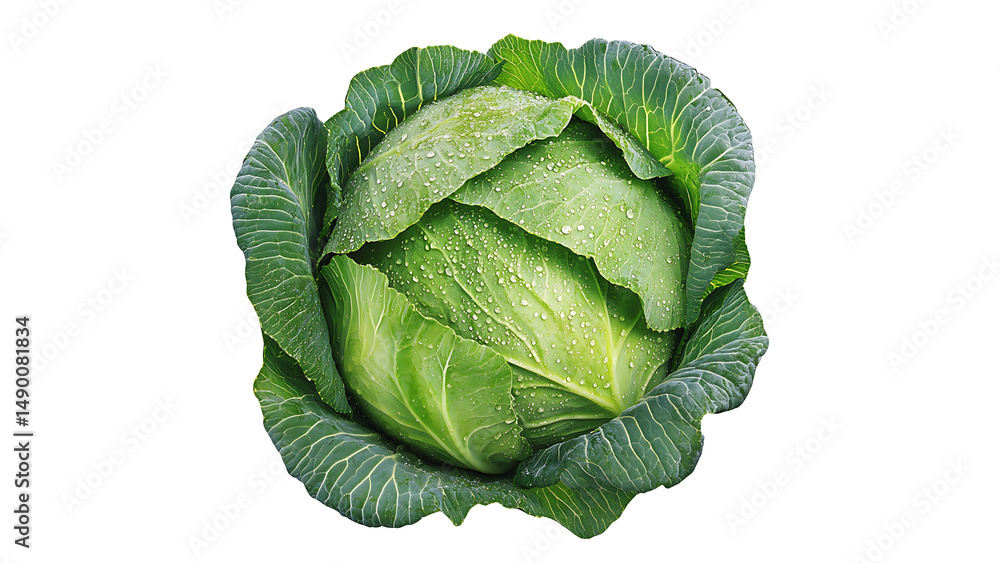 Fototapeta premium A fresh and vibrant head of cabbage, centered on the canvas with its leaves slightly ruffled on one side, cut out