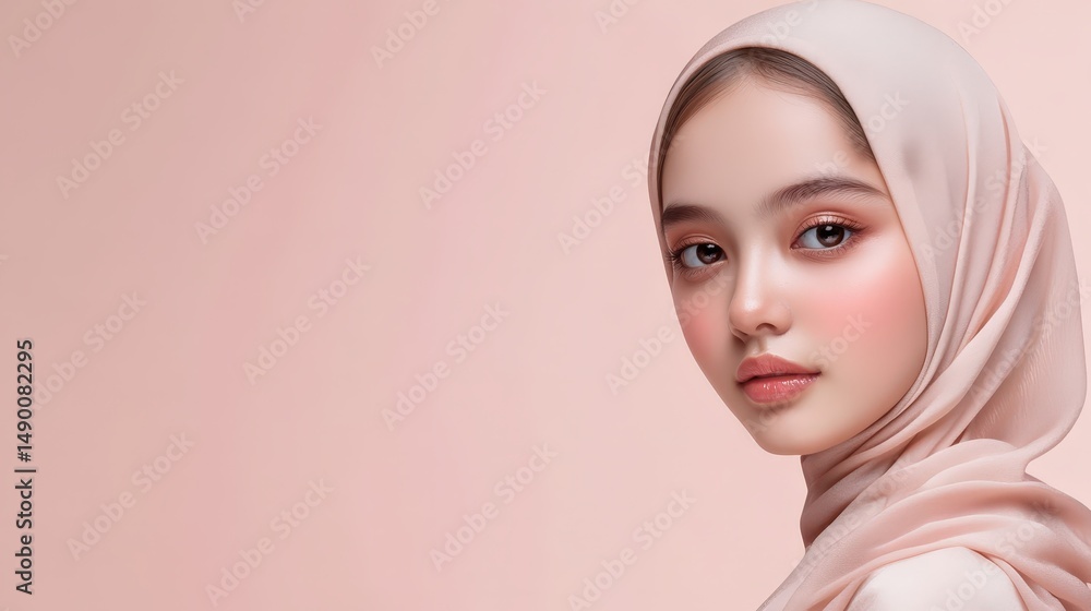 Elegant portrait of a young woman in a soft pink hijab against a blush background Elegant portrait of a young woman in a soft pink hijab against a blush background