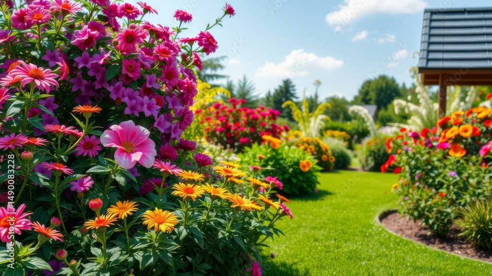 Fototapeta premium Vibrant summer garden blooms with colorful flowers and lush green grass showcasing a beautiful landscape design perfect for home gardening.