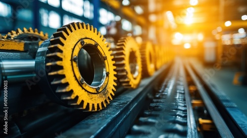 Close up of yellow metal gears on dark industrial track