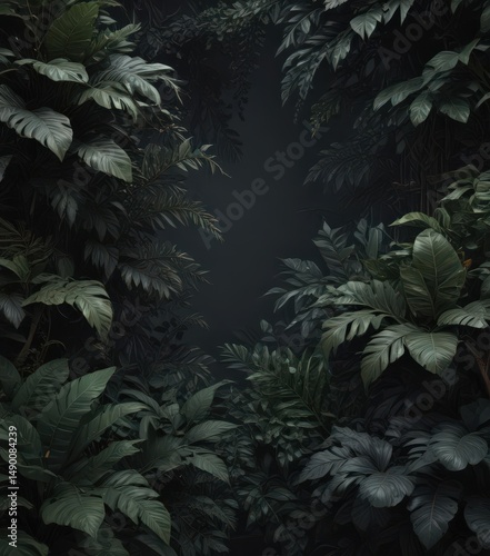 Luxurious dark foliage, intricate overlapping layers, exotic feel , intricate, black, fern
