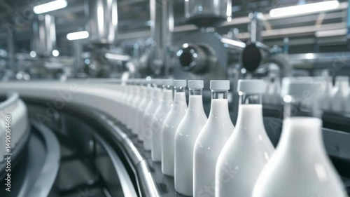 A line of milk bottles are being produced in a factory. The bottles are white and have a clear plastic cap. The bottles are lined up on a conveyor belt and are being filled with milk