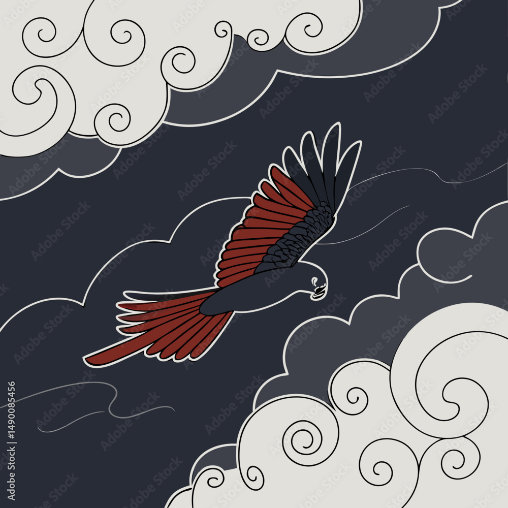 Obraz premium Red-tailed Black Cockatoo flying silhouette against stormy clouds, dramatic wildlife digital art