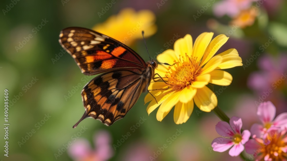 A vibrant orange and brown butterfly delicately feeds on a bright yellow flower in a lush garden setting with soft sunlight. A vibrant orange and brown butterfly delicately feeds on a bright yellow flower in a lush garden setting with soft sunlight.