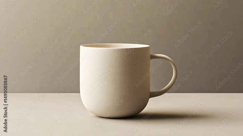 Fototapeta premium Elegant speckled beige coffee mug on neutral background perfect for minimalist branding and design projects.