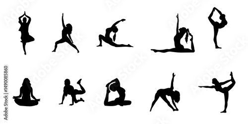 Women practicing Meditation and Yoga vector silhouette set, Girl stretching and relaxing her body in different fitness poses, on white background