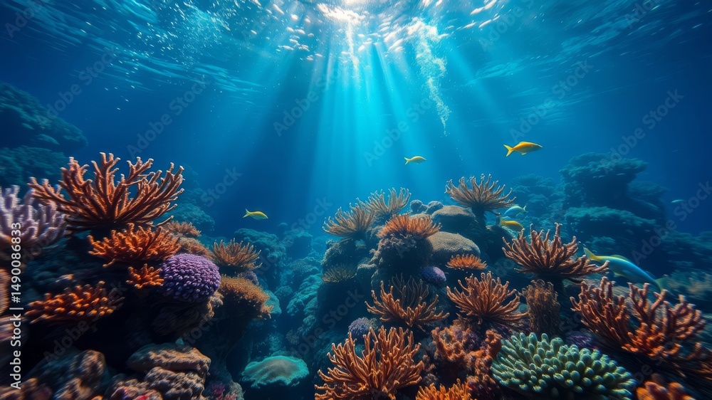 Obraz premium Vibrant underwater scene showcasing a thriving coral reef ecosystem with diverse colorful corals and fish swimming peacefully in sunlit ocean depths.
