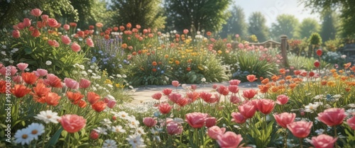 Summer garden watercolor, roses, daisies, tulips , garden, summer garden, flower painting