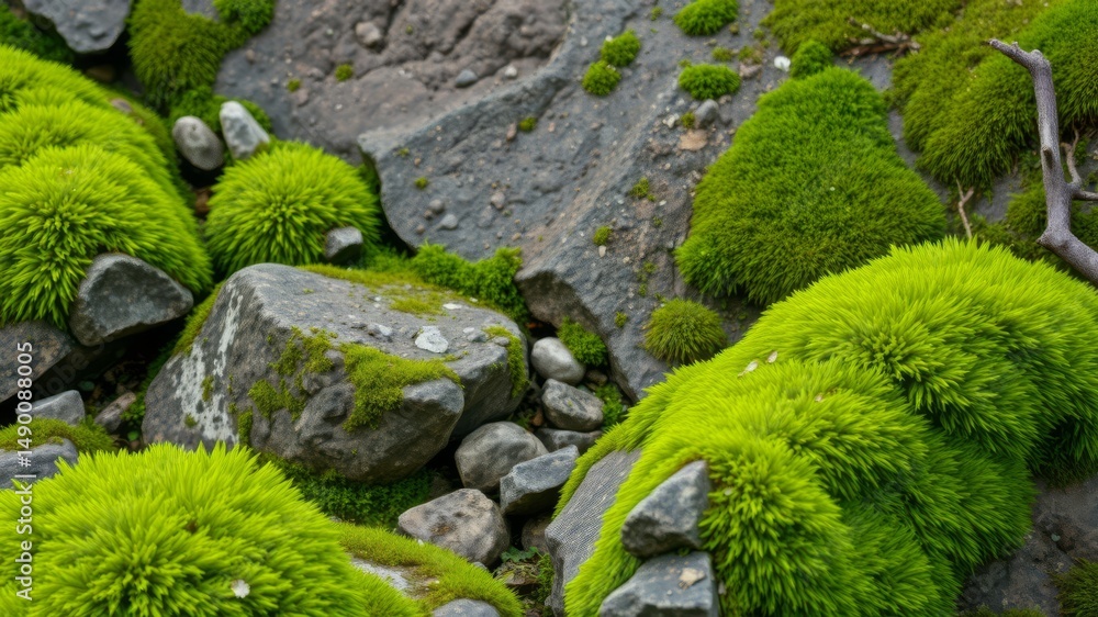 Lush green moss thrives and grows abundantly amongst grey rocks in a natural outdoor setting. Lush green moss thrives and grows abundantly amongst grey rocks in a natural outdoor setting.