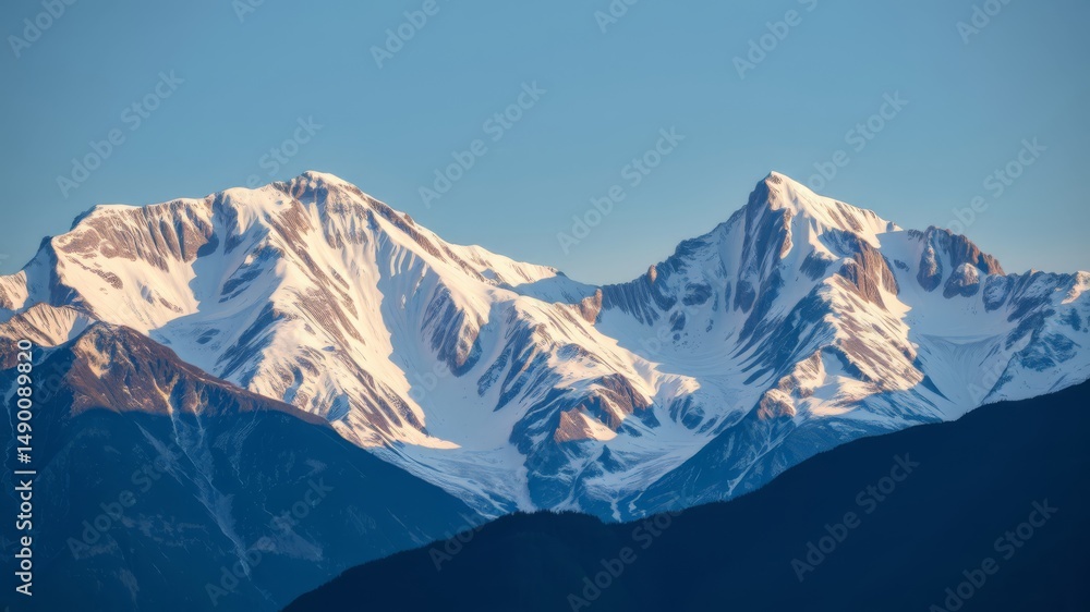 Obraz premium Majestic snow-capped mountain peaks rise dramatically against a clear vibrant blue sky at sunrise creating a breathtaking landscape.