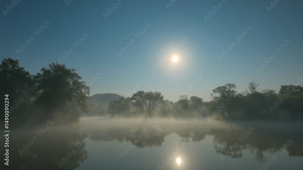 Fototapeta premium Serene morning mist rises over a calm lake reflecting the sun and trees creating a peaceful and tranquil landscape scene.