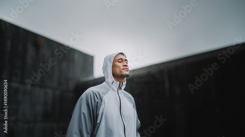 Asian man in jogging suit on a rainy day