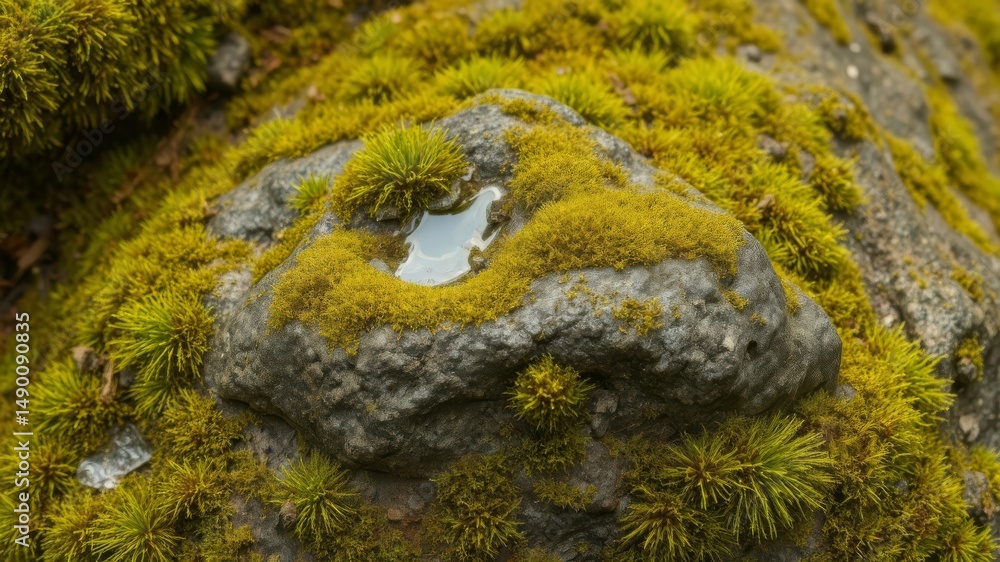 Obraz premium A close-up photograph reveals a dark grey rock completely covered in vibrant green moss with a small pool of water.