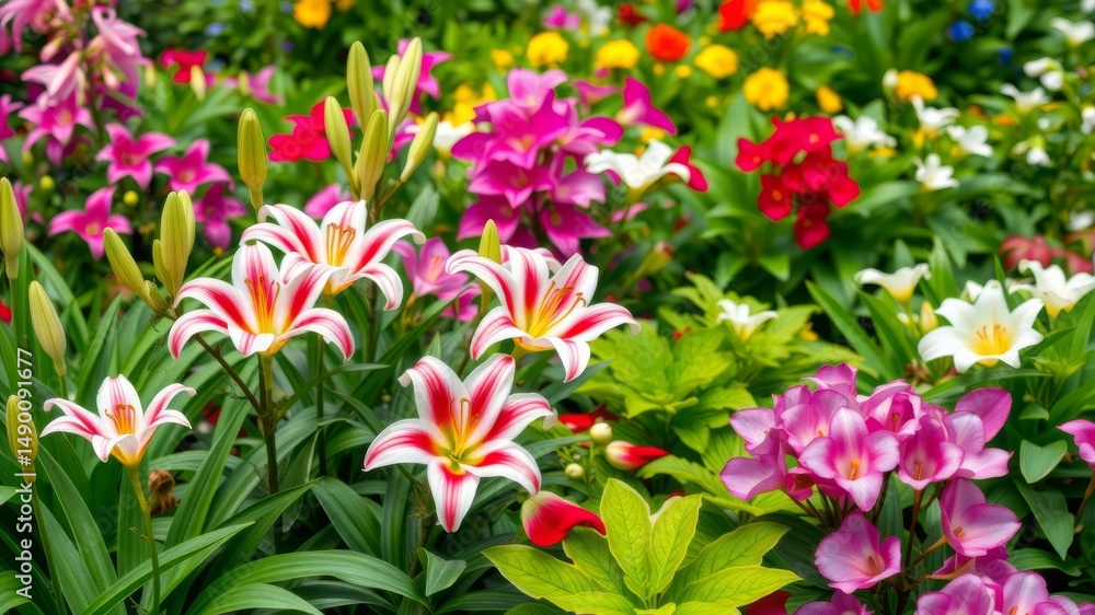 Fototapeta premium Vibrant lilies and assorted colorful flowers bloom together in a lush and thriving garden bed showcasing a stunning floral display.