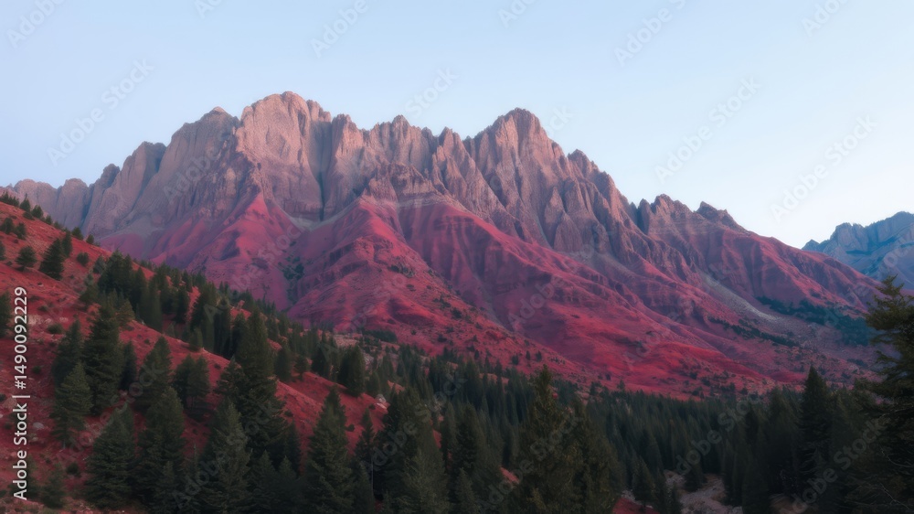 Fototapeta premium Majestic mountain range ablaze with vibrant autumn colors, showcasing stunning red and gray peaks against a serene twilight sky.