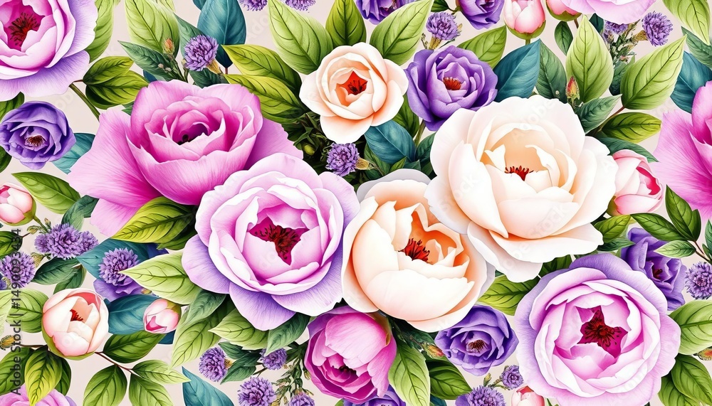 Fototapeta premium Elegant watercolor floral seamless pattern featuring violet roses, cream peonies, and lush greenery, repeat, spring