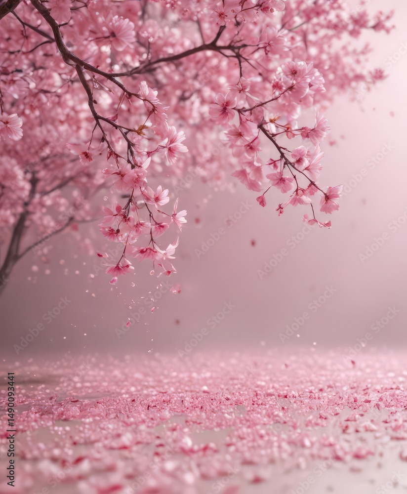 Fototapeta premium Mesmerizing pink sakura petal descent, soft focus background , dreamy, pink petals, graceful