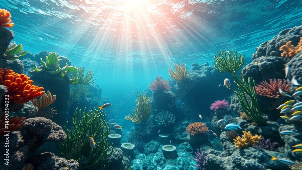 Fototapeta premium Vibrant underwater coral reef scene showcasing diverse marine life swimming amidst colorful corals and sunlit ocean water.
