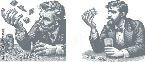 Vintage Engraving of a Gambler Holding a Losing Hand Beside a Glass – Classic Woodcut Style Artwork for Print, Decor, or Design Projects