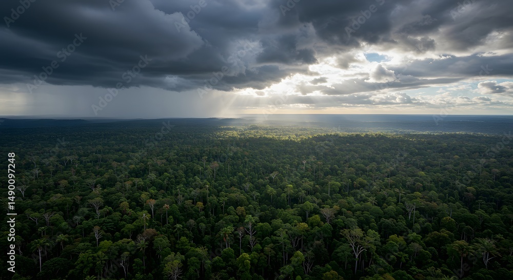 Obraz premium Rainforest with Storm Clouds and Sun Rays